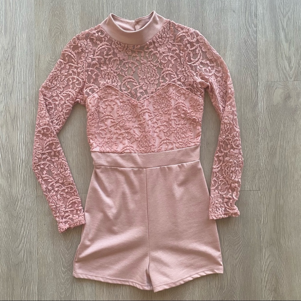 Rose blush bodysuit shorts romper pink lace love S